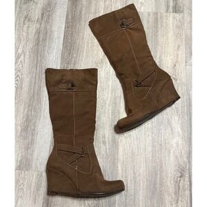 Brown Suede Wedge Knee High Boots Buckle Detail Women's Size 8.5‎